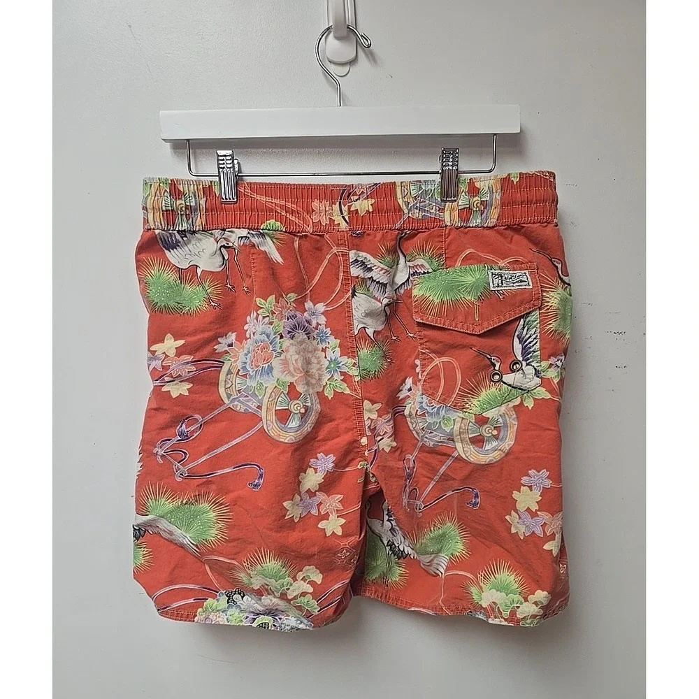 Polo Ralph Lauren Orange Floral Hawaiian Beach Swim Shorts Men's Size Medium‎